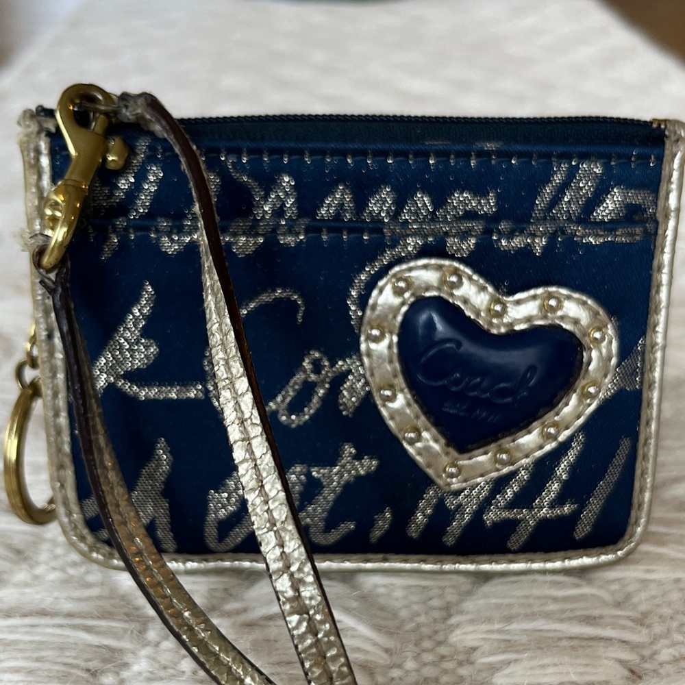 Coach Navy and Metallic Silver Heart Wristlet